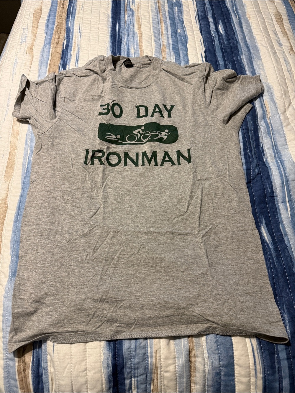 Gildan Grey Short Sleeve Tee with Green "30 Day Ironman" Graphic
